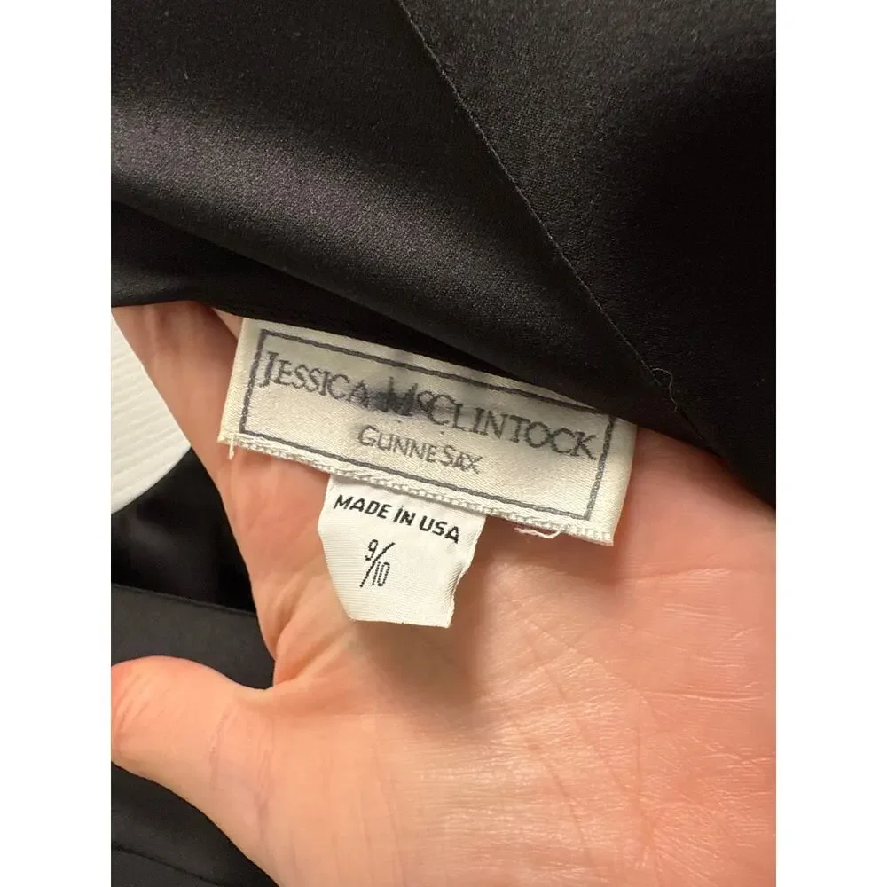 Vintage 80s Gunne Sax Black Maxi Revenge Dress White Bow V-Back Size 10 - Picture 9 of 10